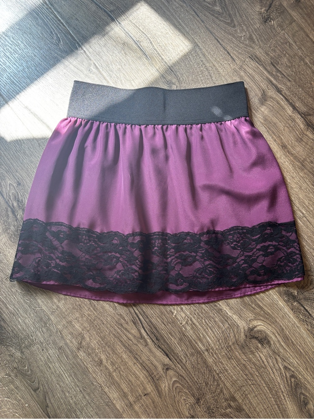 Stooshy Purple Mini Skirt with Black Waistband and Lace Hem